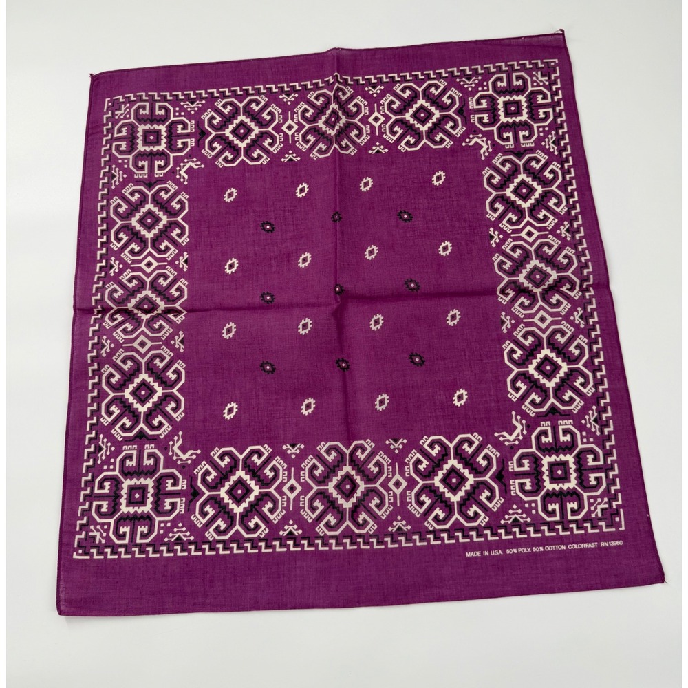 Vintage Purple Bandana Made in USA Aztec Geometric Tribal Print RN 13960 Scarf